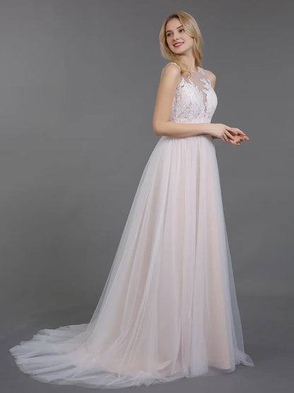Elegant A-Line Illusion Sleeveless Lace Tulle Blush Floor-Length Wedding Gown
