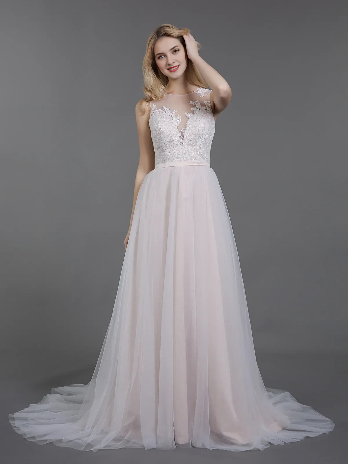 Elegant A-Line Illusion Sleeveless Lace Tulle Blush Floor-Length Wedding Gown