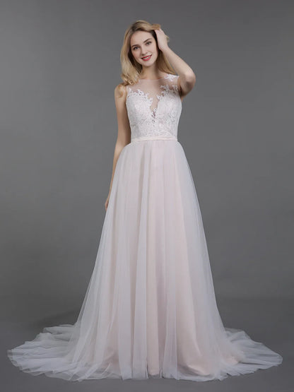 Elegant A-Line Illusion Sleeveless Lace Tulle Blush Floor-Length Wedding Gown