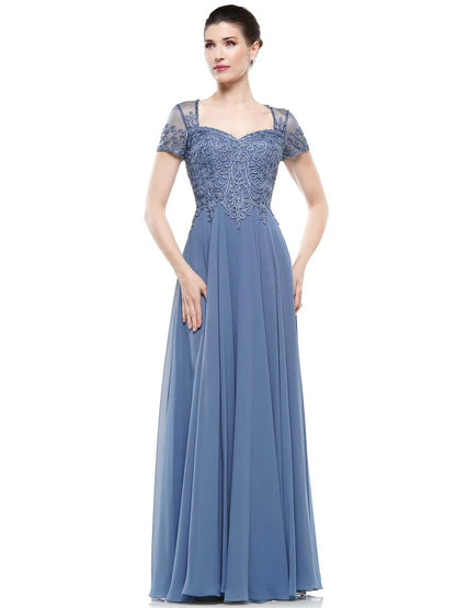Elegant A-Line Illusion Sweetheart Short Sleeve Embroidered Dusty Blue Floor-Length Mother of the Bride Dress