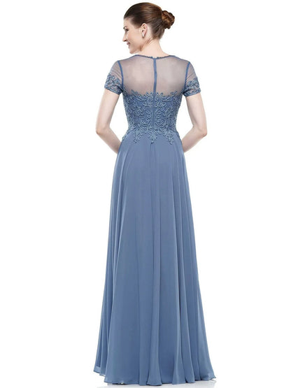 Elegant A-Line Illusion Sweetheart Short Sleeve Embroidered Dusty Blue Floor-Length Mother of the Bride Dress