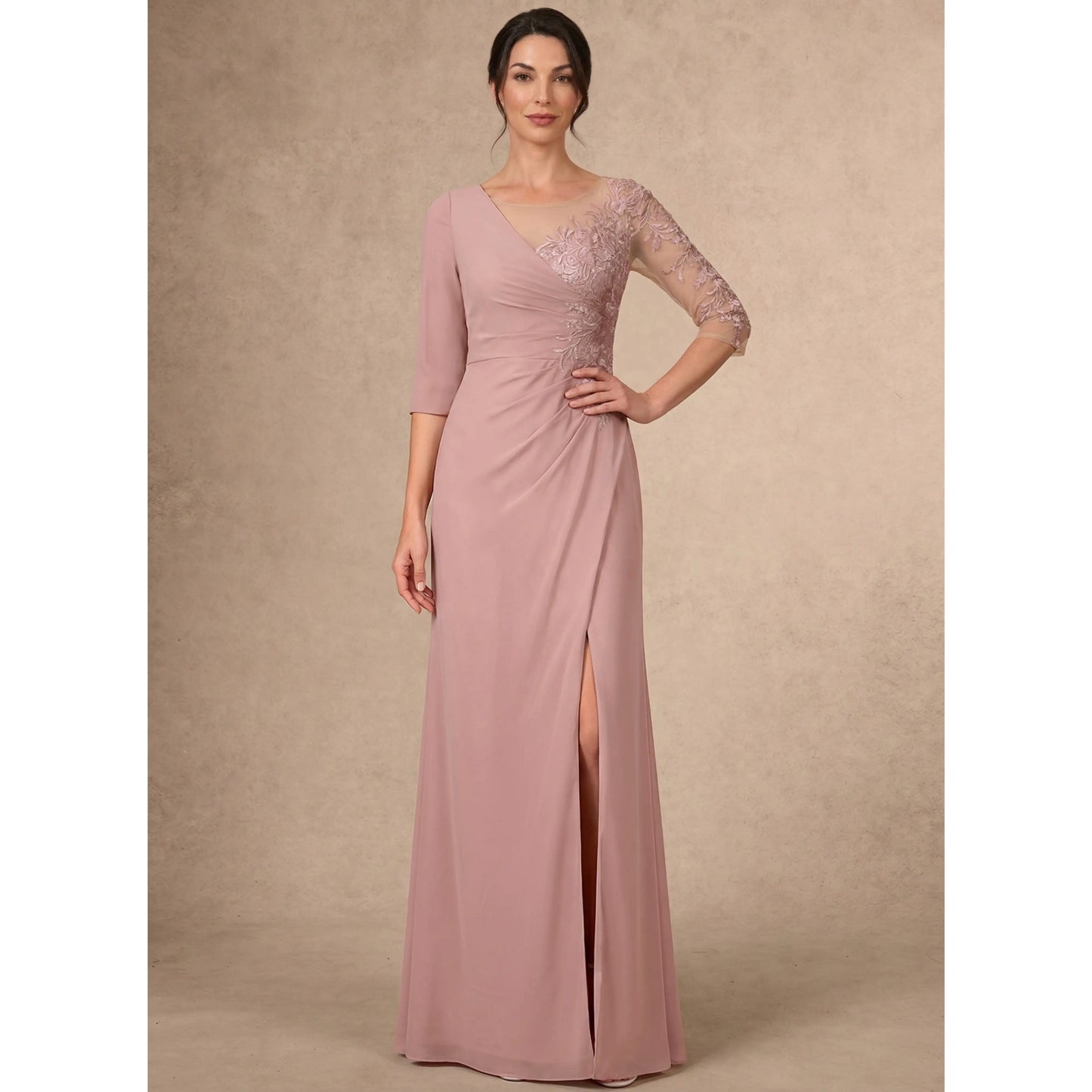 Elegant A-Line Illusion V-Neck 3/4 Sleeve Embroidered Dusty Rose Mother of the Bride Dresses
