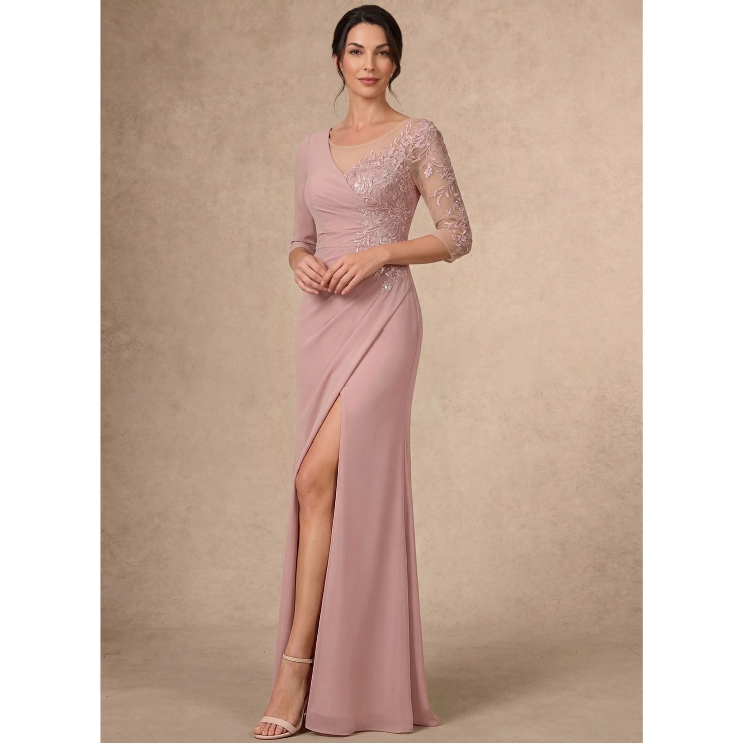 Elegant A-Line Illusion V-Neck 3/4 Sleeve Embroidered Dusty Rose Mother of the Bride Dresses