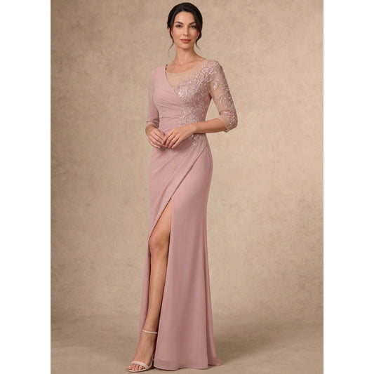 Elegant A-Line Illusion V-Neck 3/4 Sleeve Embroidered Dusty Rose Mother of the Bride Dresses