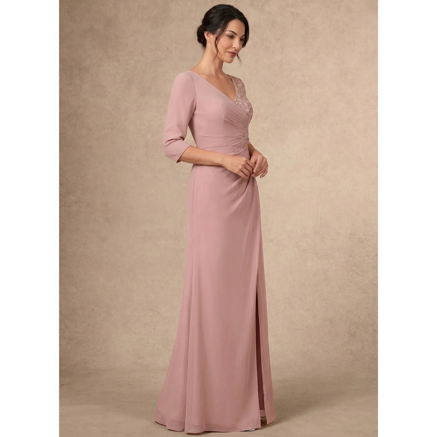 Elegant A-Line Illusion V-Neck 3/4 Sleeve Embroidered Dusty Rose Mother of the Bride Dresses