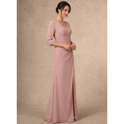 Elegant A-Line Illusion V-Neck 3/4 Sleeve Embroidered Dusty Rose Mother of the Bride Dresses