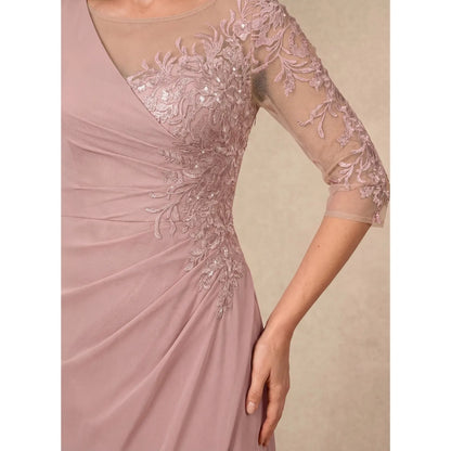 Elegant A-Line Illusion V-Neck 3/4 Sleeve Embroidered Dusty Rose Mother of the Bride Dresses