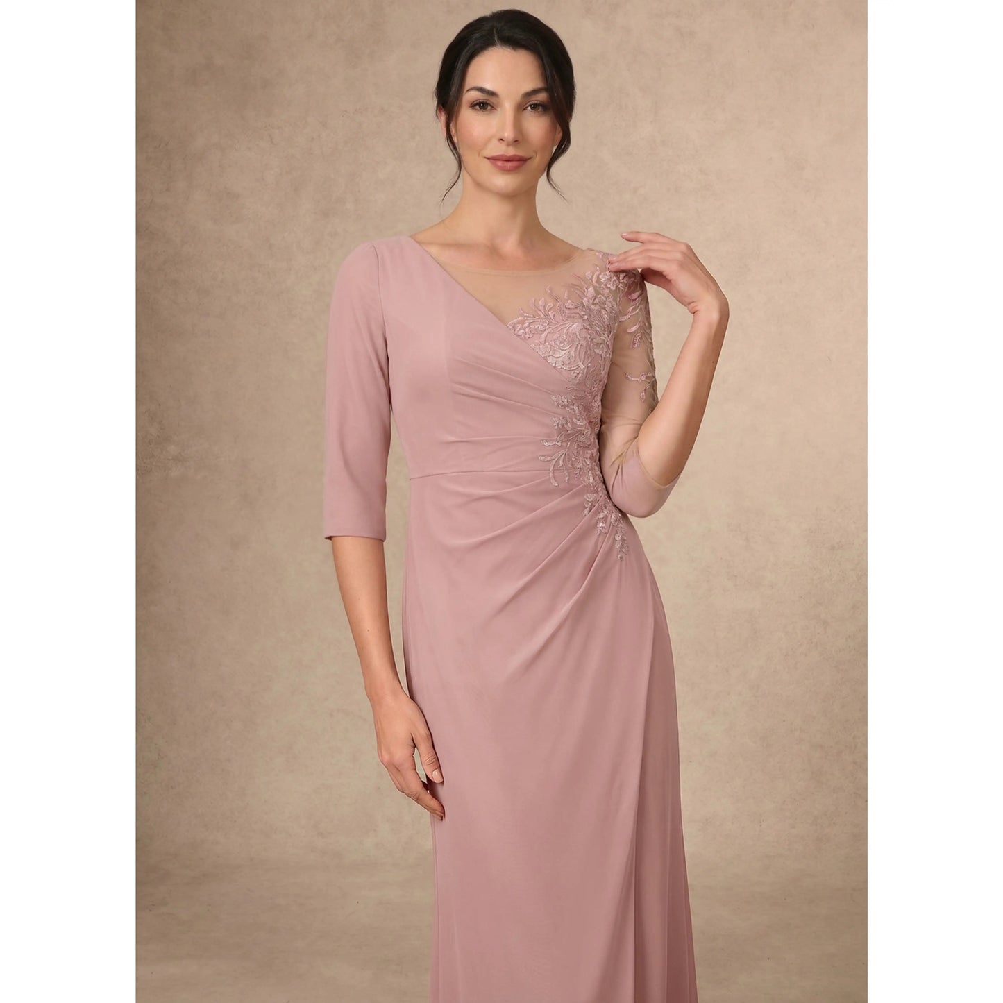 Elegant A-Line Illusion V-Neck 3/4 Sleeve Embroidered Dusty Rose Mother of the Bride Dresses