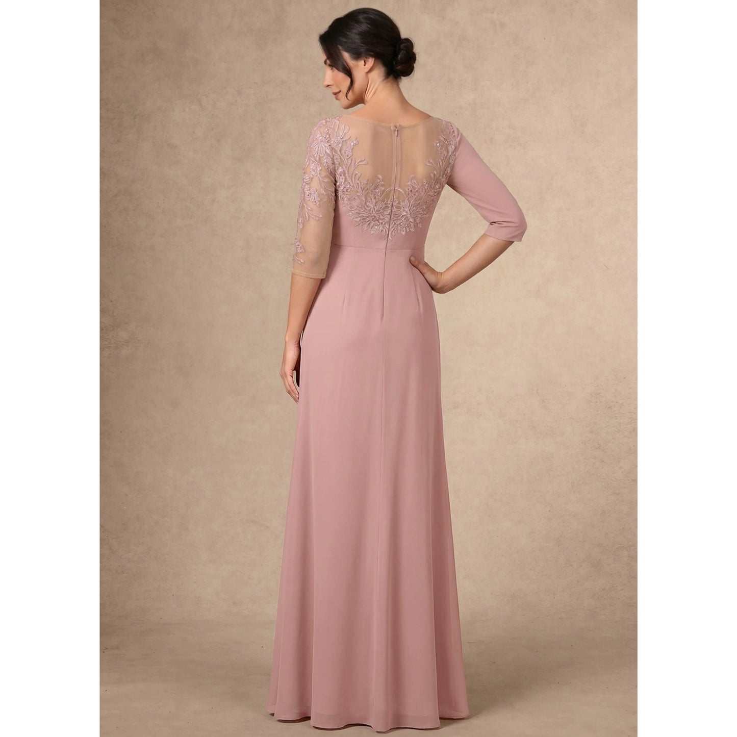 Elegant A-Line Illusion V-Neck 3/4 Sleeve Embroidered Dusty Rose Mother of the Bride Dresses