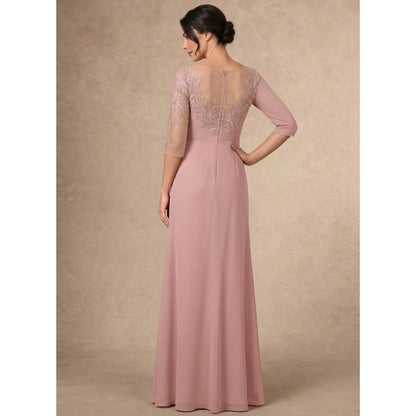Elegant A-Line Illusion V-Neck 3/4 Sleeve Embroidered Dusty Rose Mother of the Bride Dresses