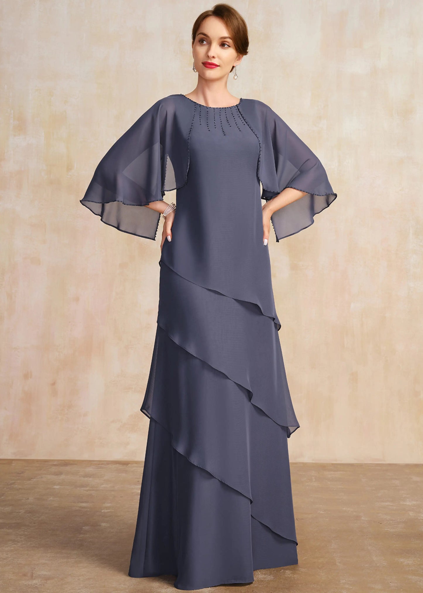 Elegant A-Line Jewel Neck Beaded Tiered Dark Grey Mother of the Bride Gown