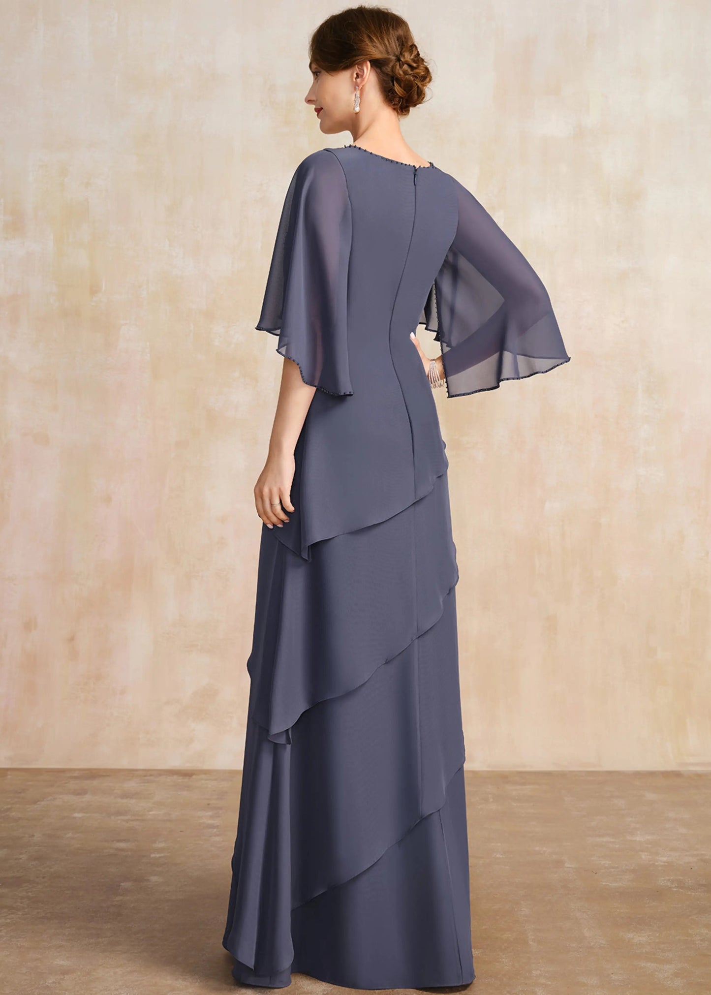 Elegant A-Line Jewel Neck Beaded Tiered Dark Grey Mother of the Bride Gown