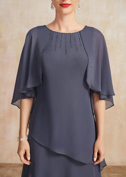 Elegant A-Line Jewel Neck Beaded Tiered Dark Grey Mother of the Bride Gown