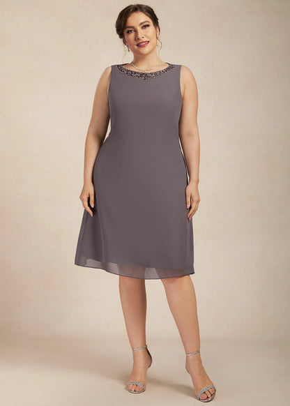 Elegant A-Line Jewel Neck Beaded Two-Piece Charcoal Grey Knee-Length Mother of the Bride Dress