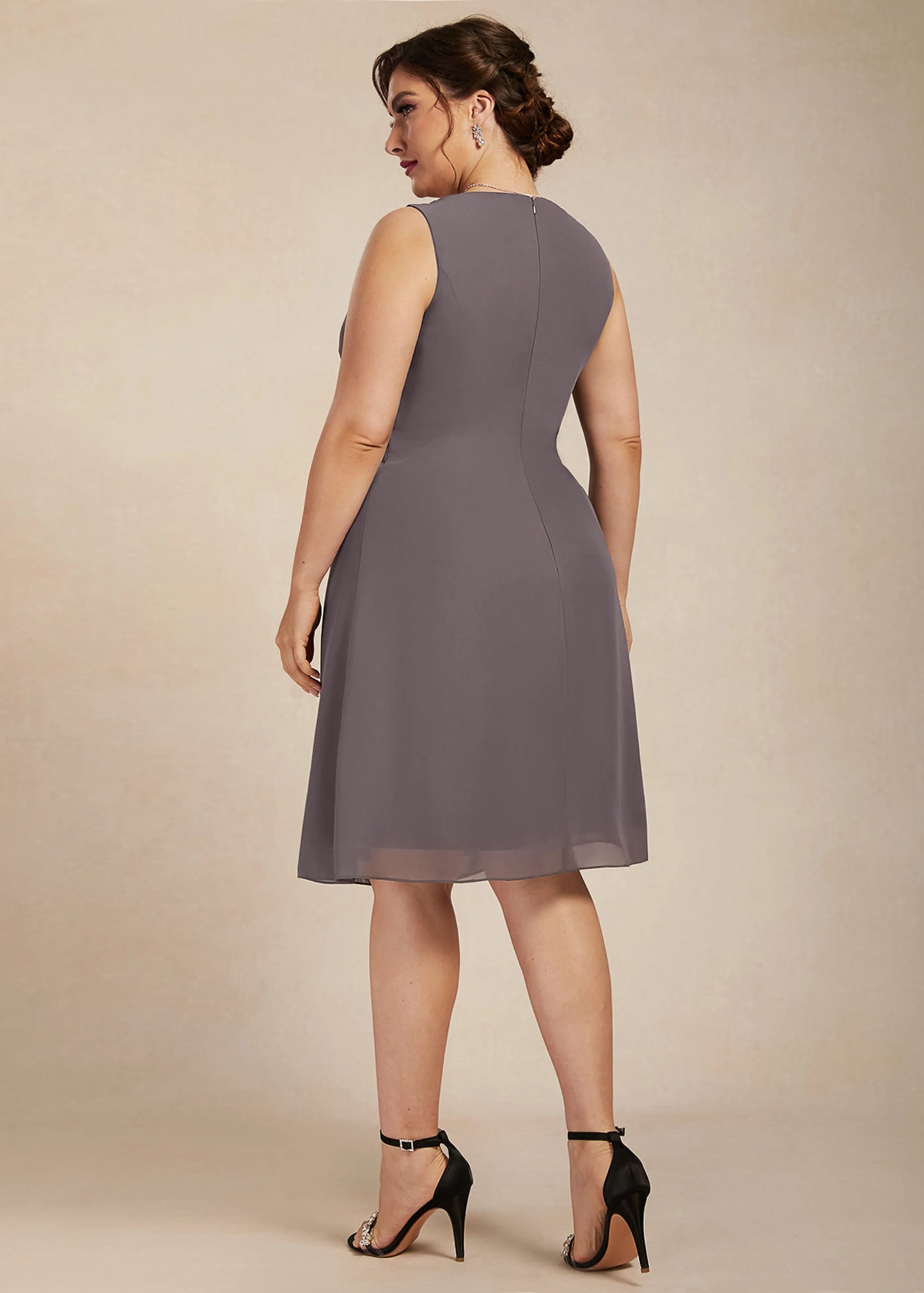 Elegant A-Line Jewel Neck Beaded Two-Piece Charcoal Grey Knee-Length Mother of the Bride Dress