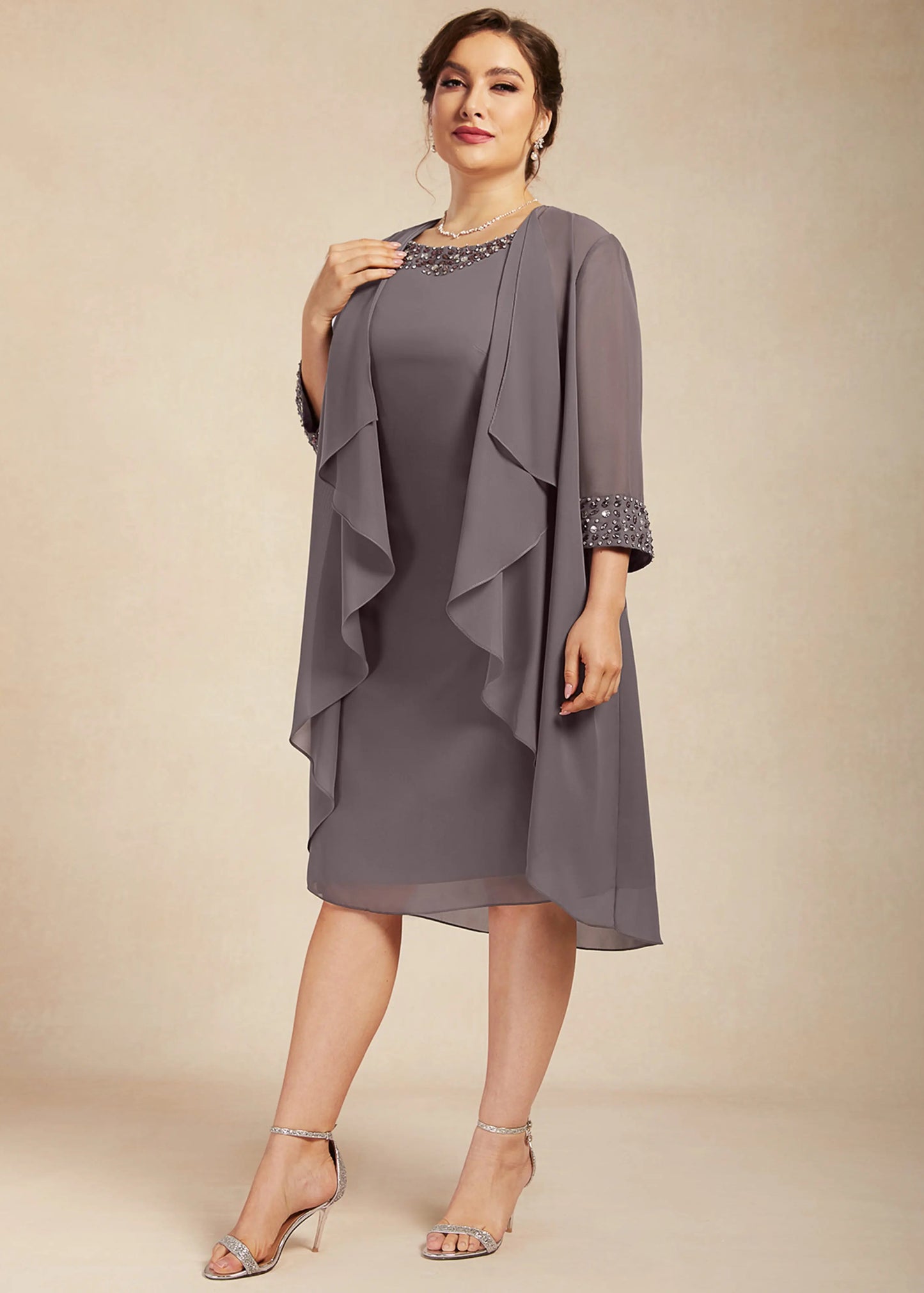 Elegant A-Line Jewel Neck Beaded Two-Piece Charcoal Grey Knee-Length Mother of the Bride Dress