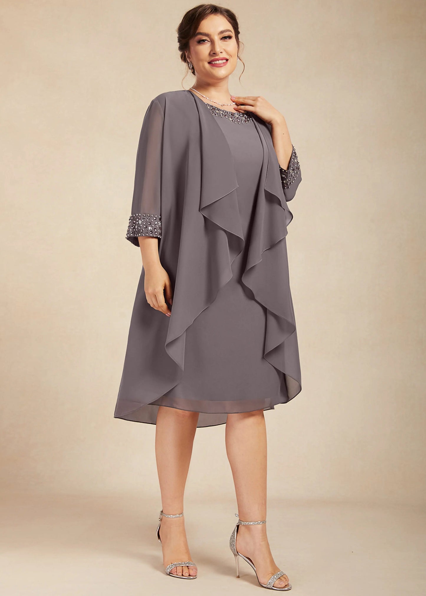 Elegant A-Line Jewel Neck Beaded Two-Piece Charcoal Grey Knee-Length Mother of the Bride Dress