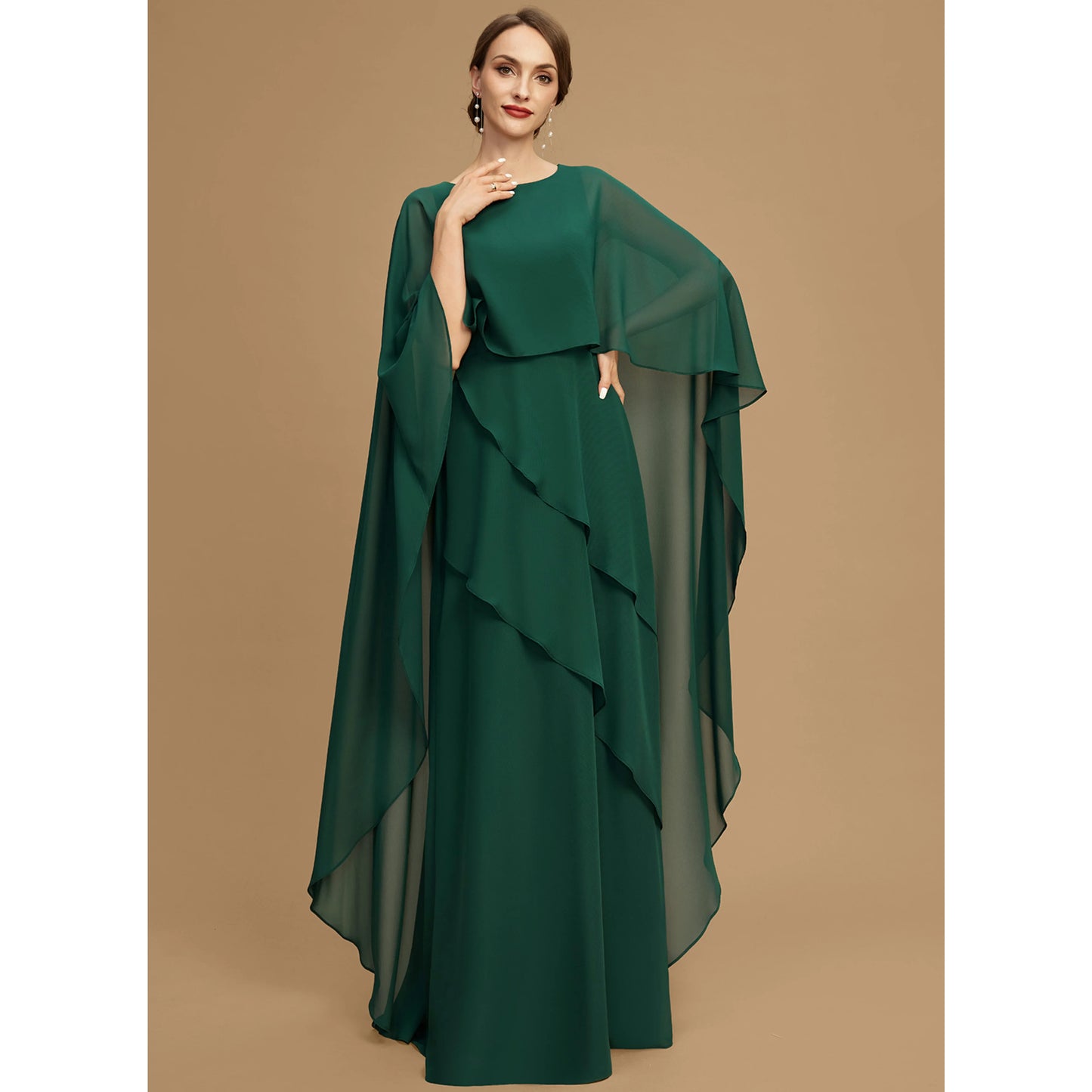 Elegant A-Line Jewel Neck Cape Sleeve Tiered Forest Green Mother of the Bride Gown