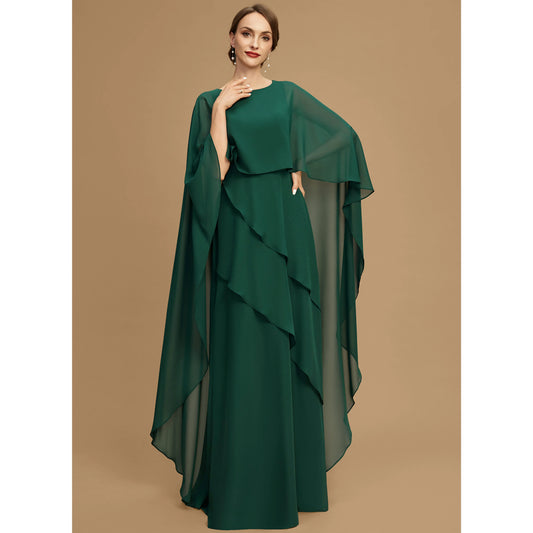 Elegant A-Line Jewel Neck Cape Sleeve Tiered Forest Green Mother of the Bride Gown