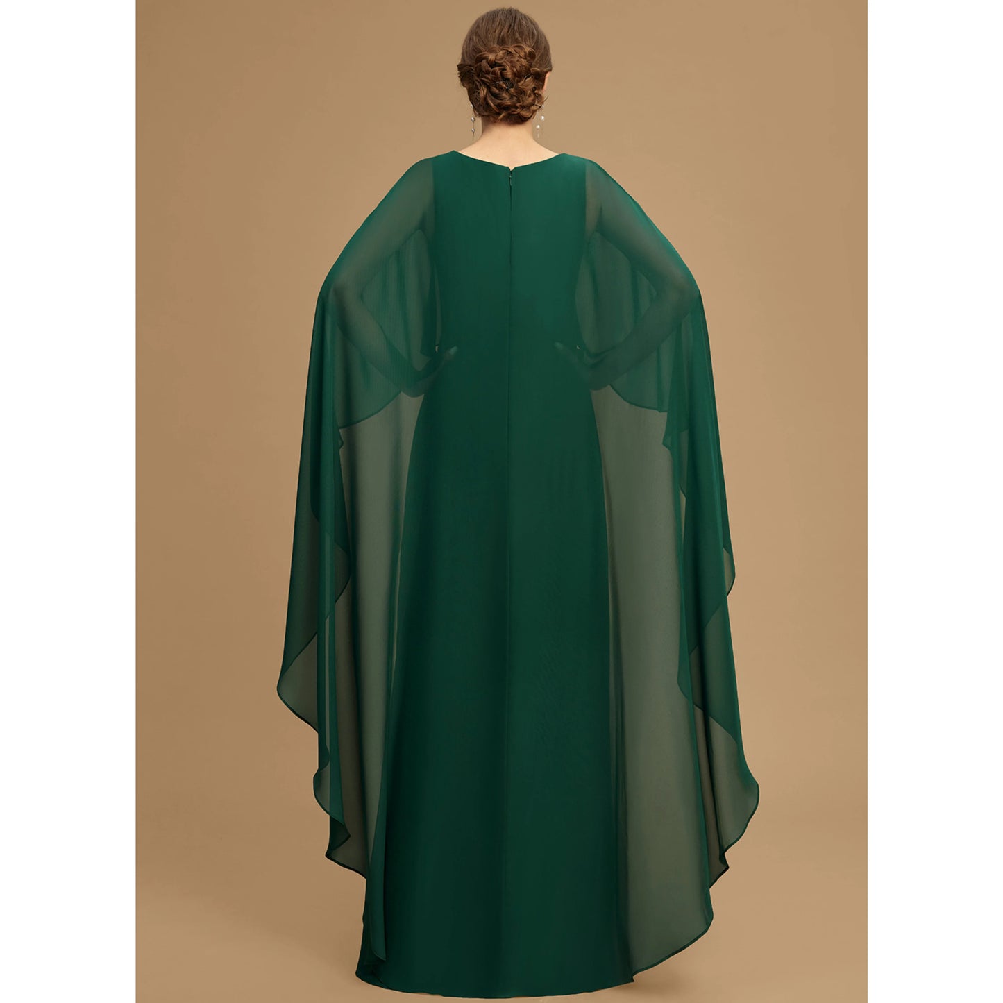 Elegant A-Line Jewel Neck Cape Sleeve Tiered Forest Green Mother of the Bride Gown
