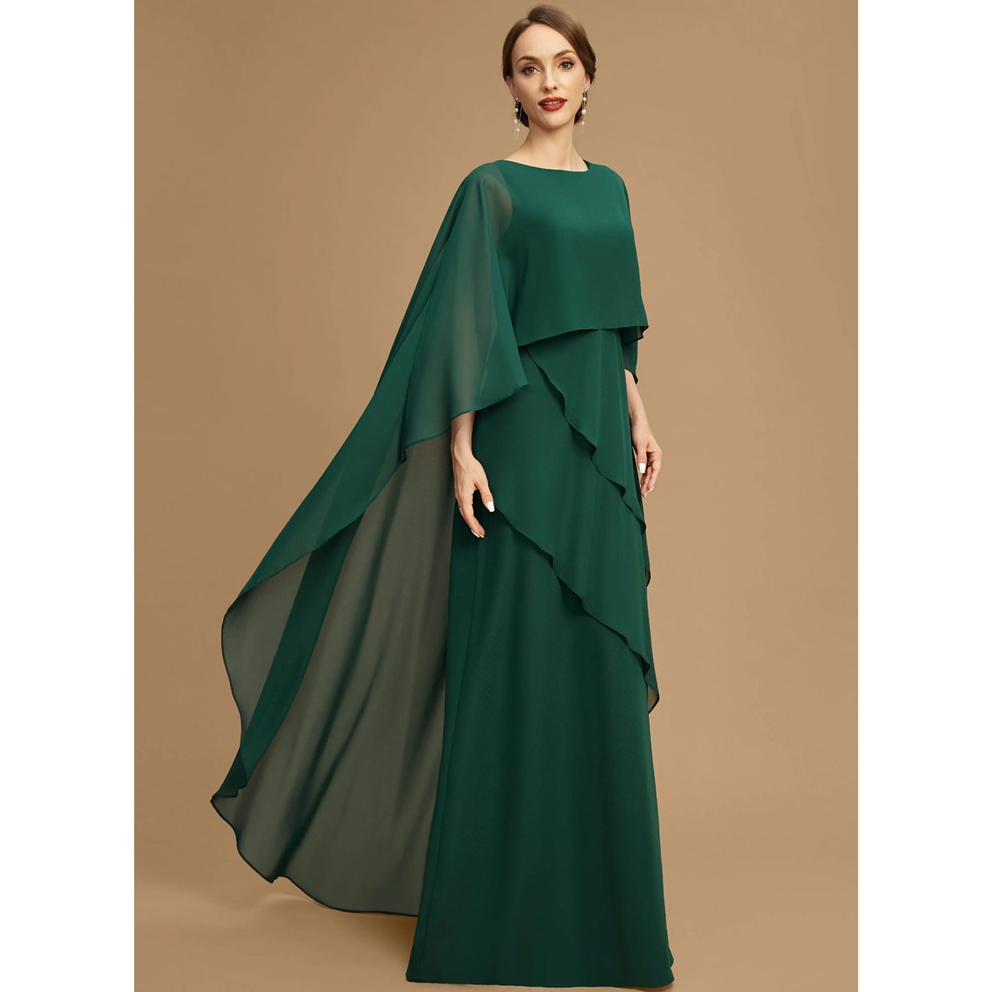 Elegant A-Line Jewel Neck Cape Sleeve Tiered Forest Green Mother of the Bride Gown