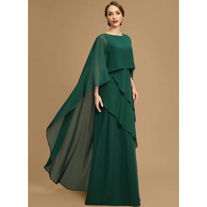 Elegant A-Line Jewel Neck Cape Sleeve Tiered Forest Green Mother of the Bride Gown