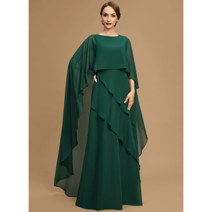 Elegant A-Line Jewel Neck Cape Sleeve Tiered Forest Green Mother of the Bride Gown