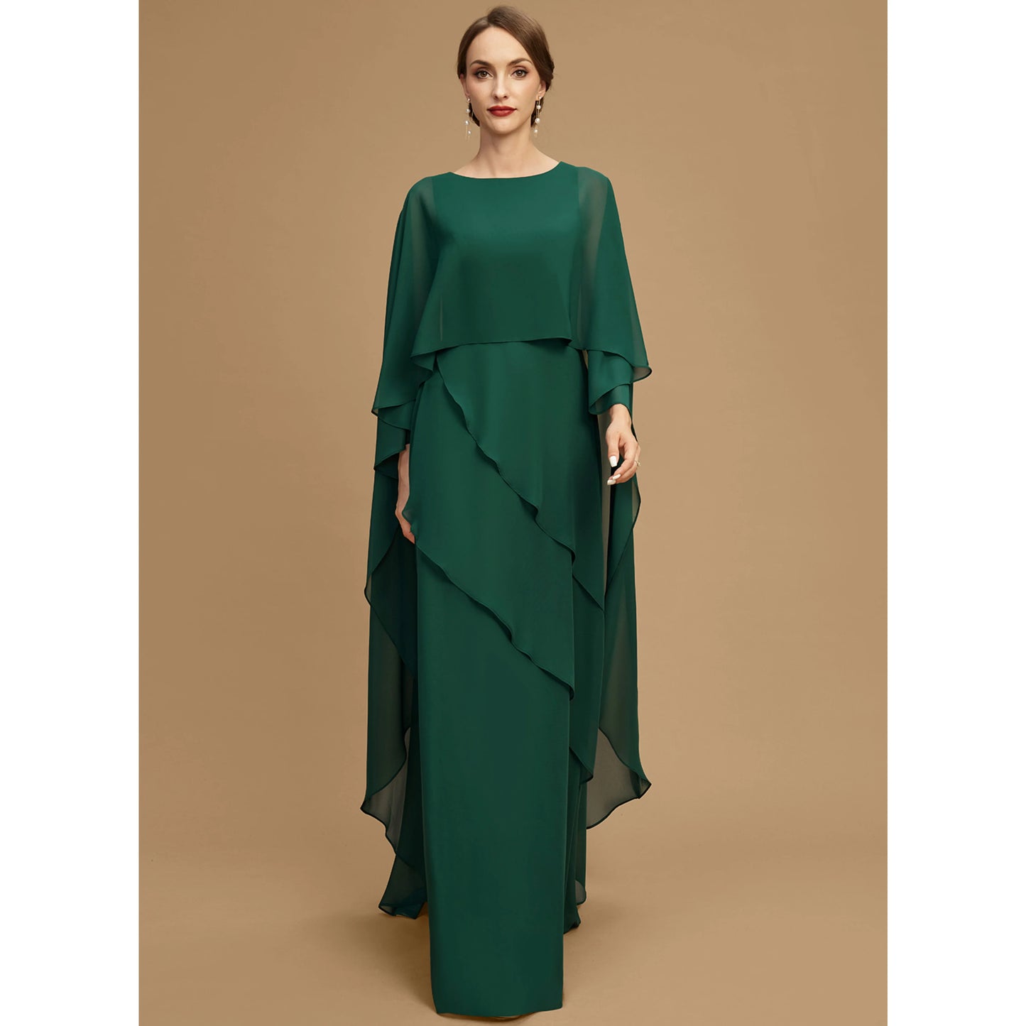 Elegant A-Line Jewel Neck Cape Sleeve Tiered Forest Green Mother of the Bride Gown