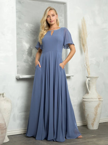 Elegant A-Line Jewel Neck Short Sleeve Dusty Blue Floor-Length Mother of the Bride Gown