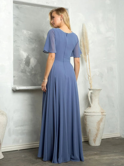 Elegant A-Line Jewel Neck Short Sleeve Dusty Blue Floor-Length Mother of the Bride Gown