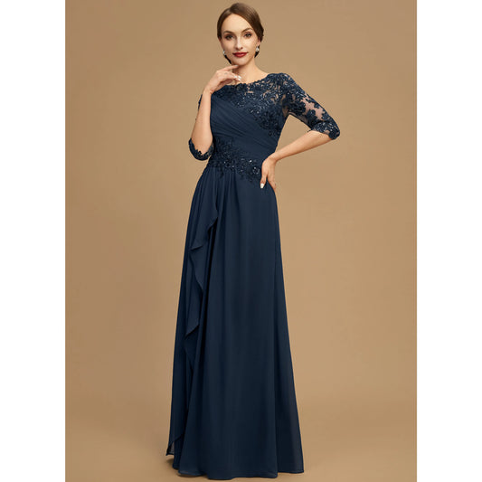 Elegant A-Line Jewel Neck Three-Quarter Sleeve Embellished Navy Blue Mother of the Bride Gown