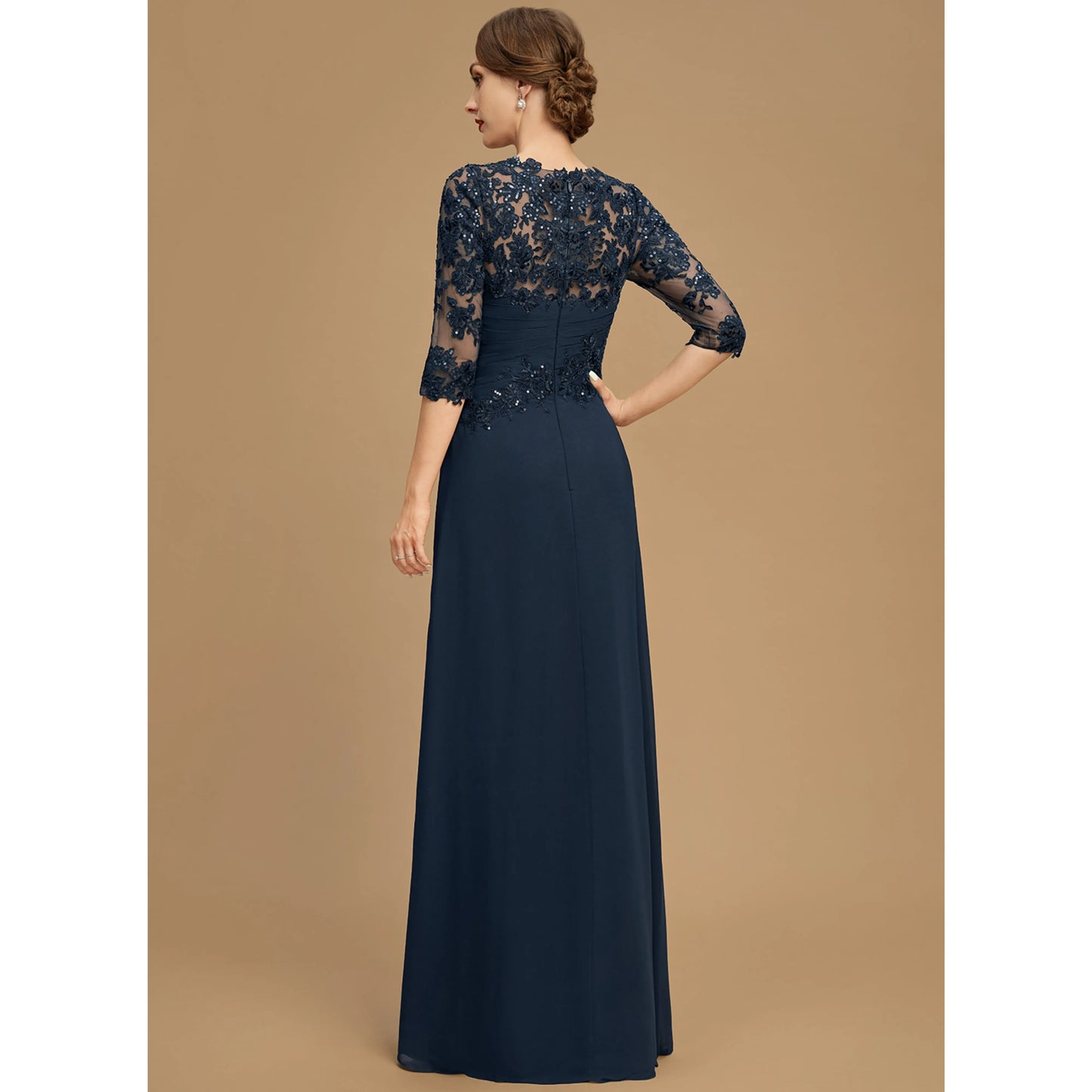Elegant A-Line Jewel Neck Three-Quarter Sleeve Embellished Navy Blue Mother of the Bride Gown