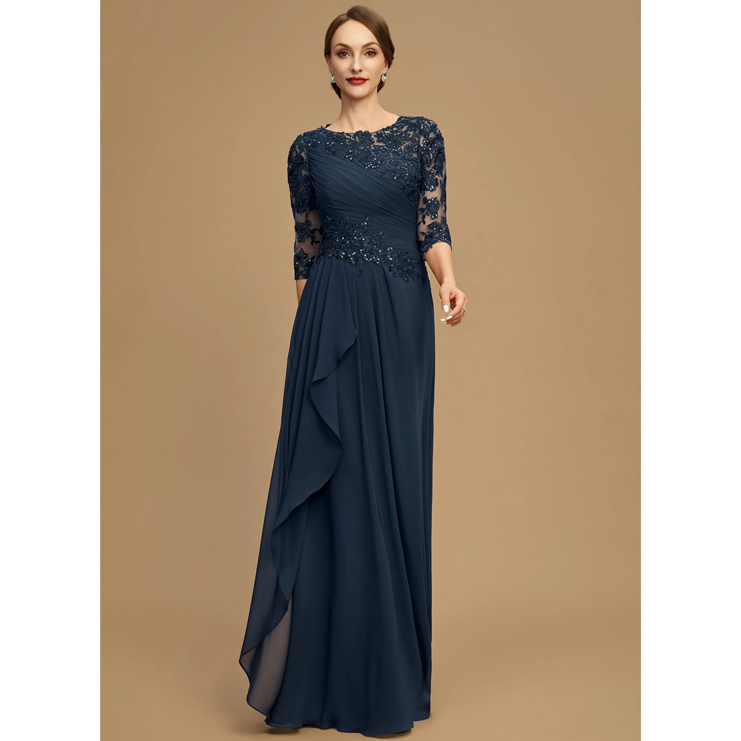 Elegant A-Line Jewel Neck Three-Quarter Sleeve Embellished Navy Blue Mother of the Bride Gown