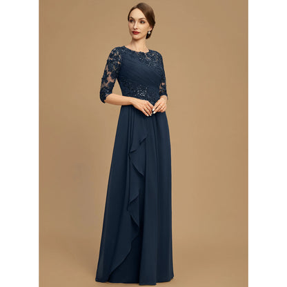 Elegant A-Line Jewel Neck Three-Quarter Sleeve Embellished Navy Blue Mother of the Bride Gown