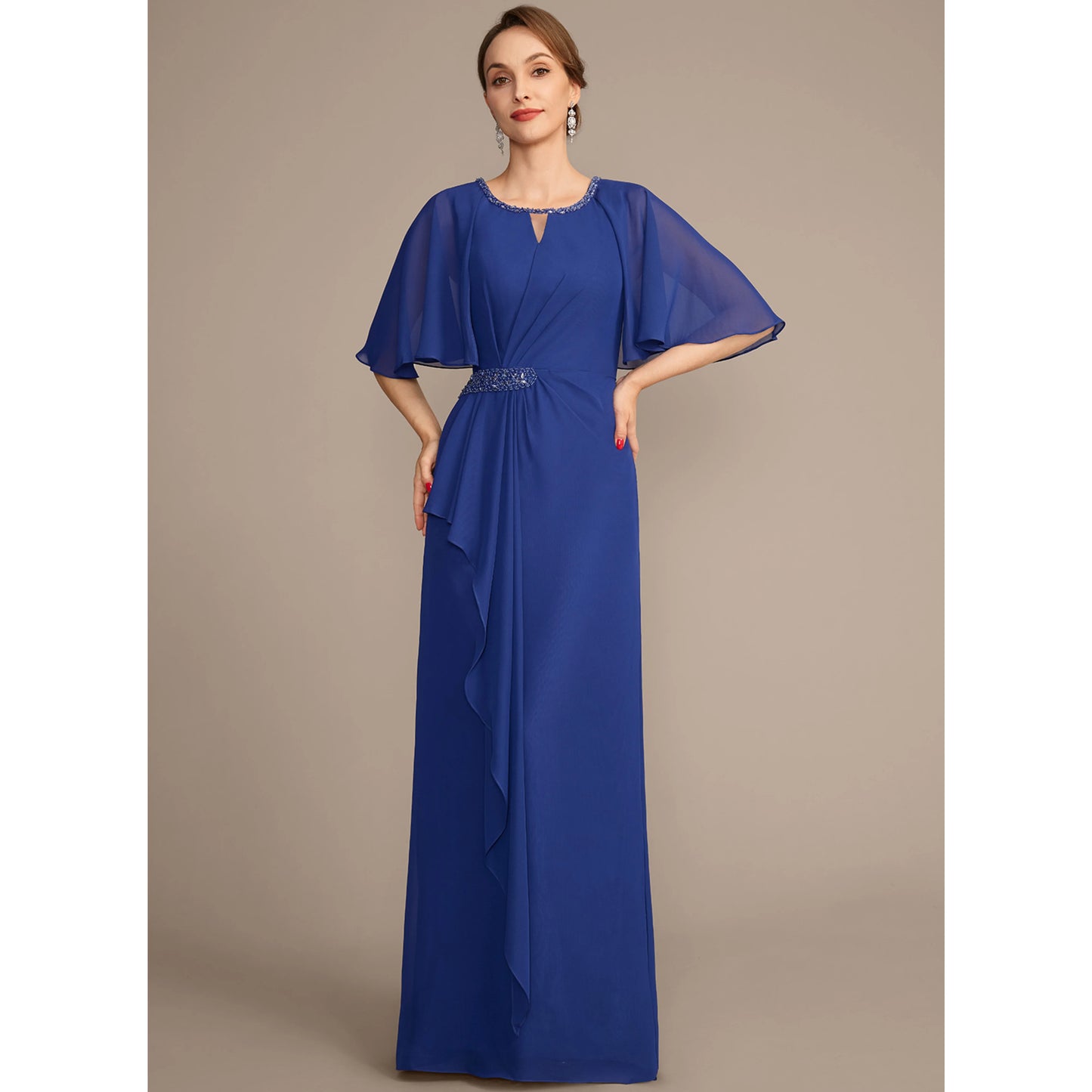 Elegant A-Line Keyhole Cape Sleeve Beaded Royal Blue Floor-Length Mother of the Bride Gown