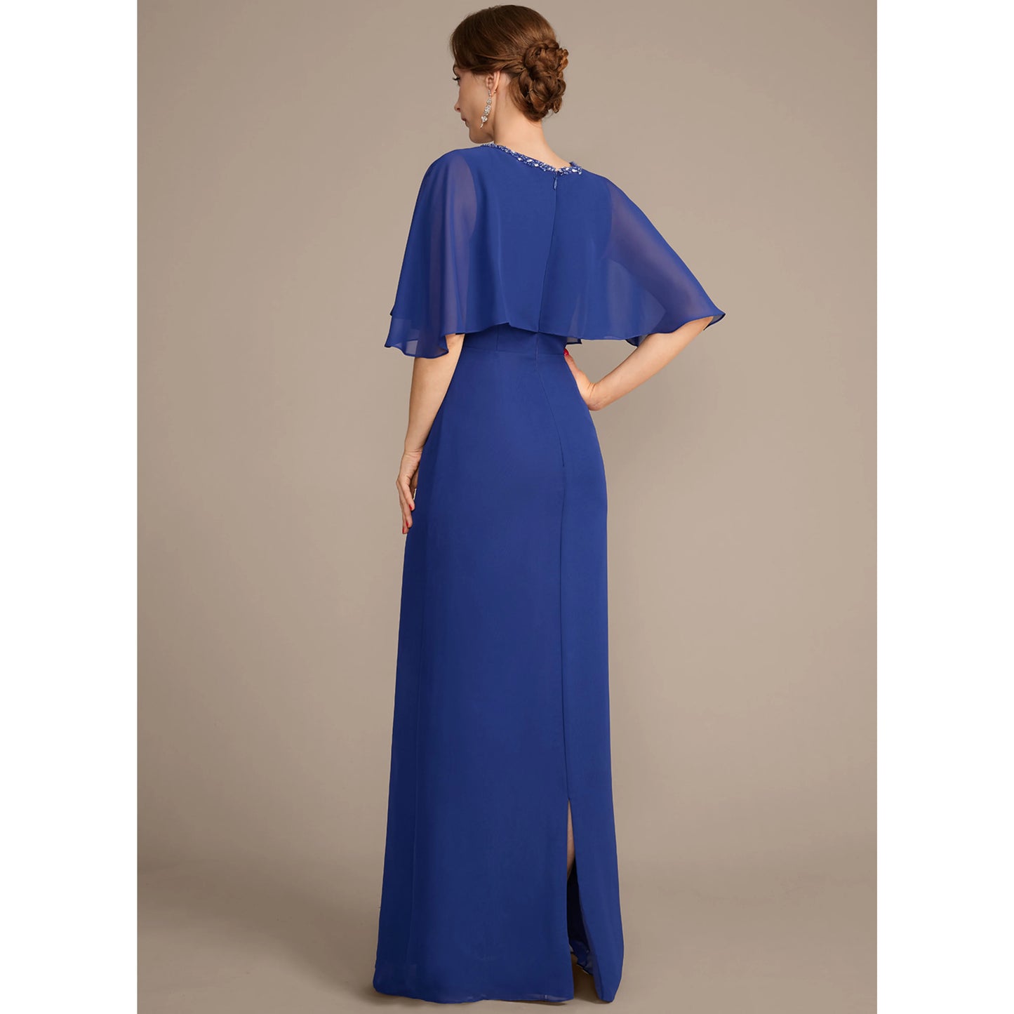 Elegant A-Line Keyhole Cape Sleeve Beaded Royal Blue Floor-Length Mother of the Bride Gown