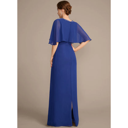 Elegant A-Line Keyhole Cape Sleeve Beaded Royal Blue Floor-Length Mother of the Bride Gown