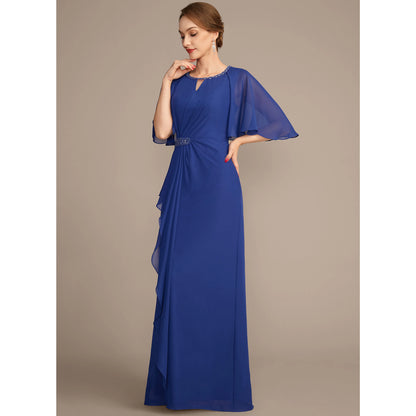 Elegant A-Line Keyhole Cape Sleeve Beaded Royal Blue Floor-Length Mother of the Bride Gown