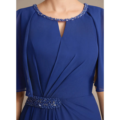 Elegant A-Line Keyhole Cape Sleeve Beaded Royal Blue Floor-Length Mother of the Bride Gown