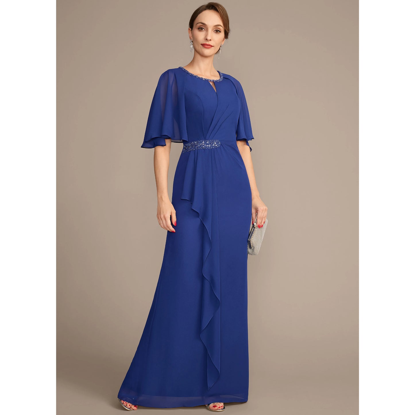 Elegant A-Line Keyhole Cape Sleeve Beaded Royal Blue Floor-Length Mother of the Bride Gown
