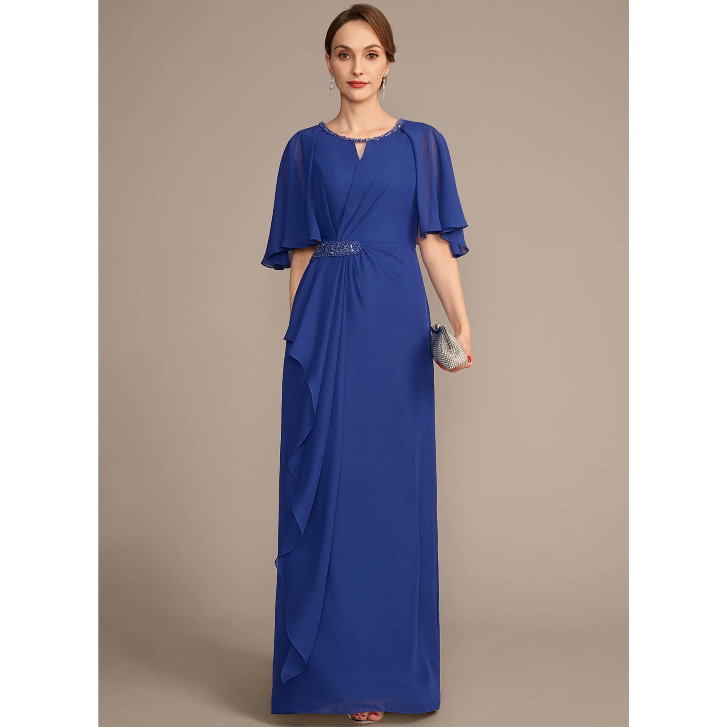 Elegant A-Line Keyhole Cape Sleeve Beaded Royal Blue Floor-Length Mother of the Bride Gown