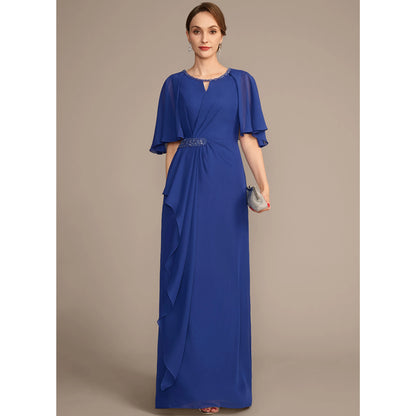 Elegant A-Line Keyhole Cape Sleeve Beaded Royal Blue Floor-Length Mother of the Bride Gown