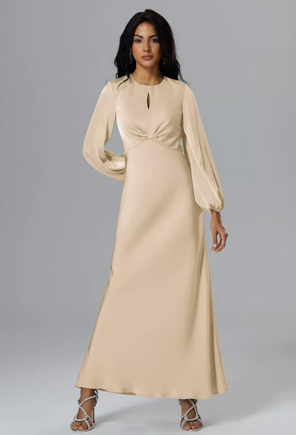 Elegant A-Line Keyhole Long Sleeve Cutout Champagne Maxi Bridesmaid Dress Women