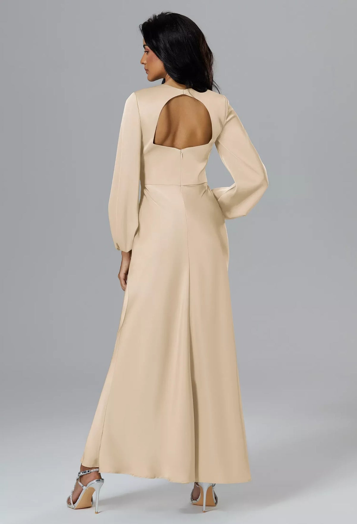 Elegant A-Line Keyhole Long Sleeve Cutout Champagne Maxi Bridesmaid Dress Women