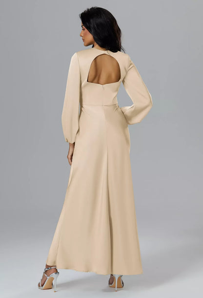 Elegant A-Line Keyhole Long Sleeve Cutout Champagne Maxi Bridesmaid Dress Women