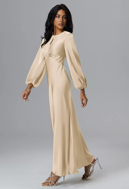 Elegant A-Line Keyhole Long Sleeve Cutout Champagne Maxi Bridesmaid Dress Women