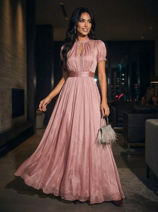 Elegant A-Line Keyhole Short-Sleeve Pleated Beaded Pink Maxi Prom Dresses Women