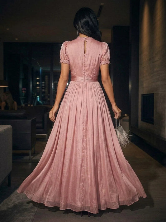 Elegant A-Line Keyhole Short-Sleeve Pleated Beaded Pink Maxi Prom Dresses Women