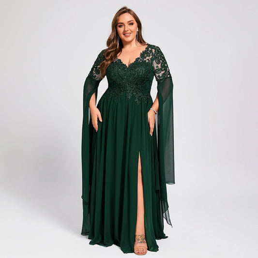 Elegant A-Line Long Sleeve Embroidered Emerald Mother of the Bride Gown