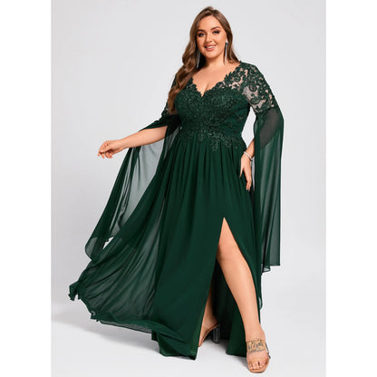 Elegant A-Line Long Sleeve Embroidered Emerald Mother of the Bride Gown
